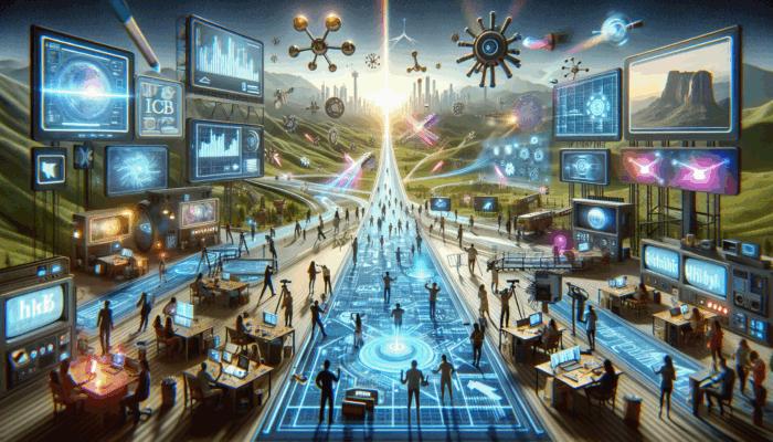 Futuristic digital landscape with micro-influencers creating specialized video content for niche audiences.