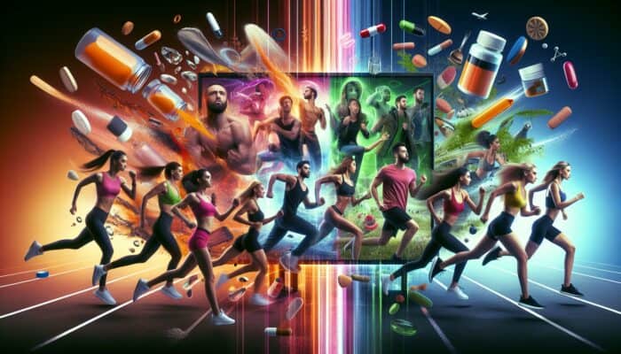 A split-screen illustration: left shows energetic TikTok video of people demonstrating quick supplement transformations; right depicts detailed TV scene of character development through product use.