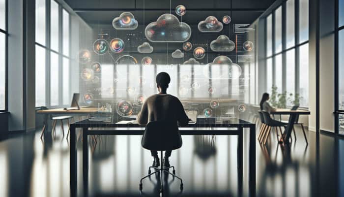 Content creator at a modern desk analyzes Google Analytics dashboard with colorful graphs and keyword clouds in a bright office.