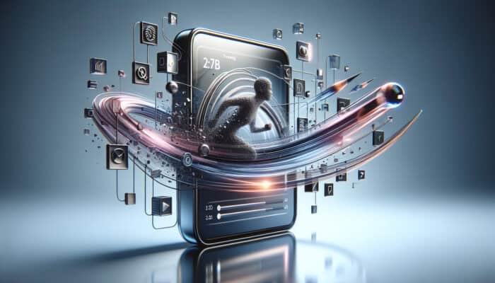 A vibrant website interface with users interacting with fast-loading images and adaptive streaming videos on a sleek device.