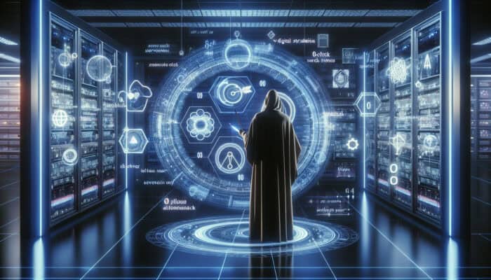 A digital strategist analyzes holographic screens of zero-click search metrics in a high-tech server room with blue neon lights.