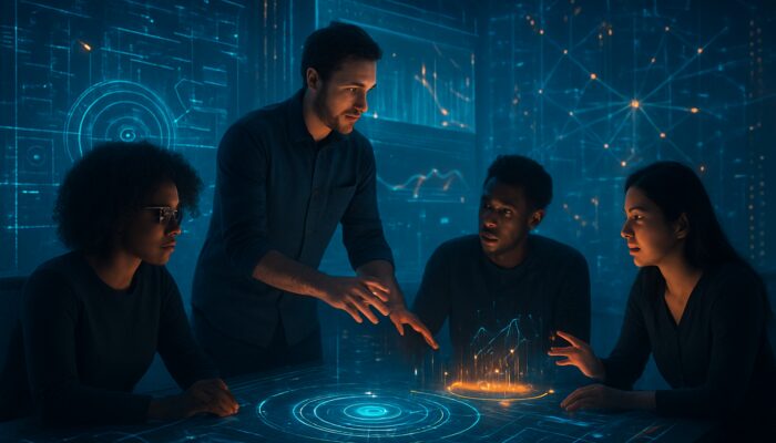 Futuristic Search Atlas interface with automated workflows, data analytics, and diverse users in a holographic forum.