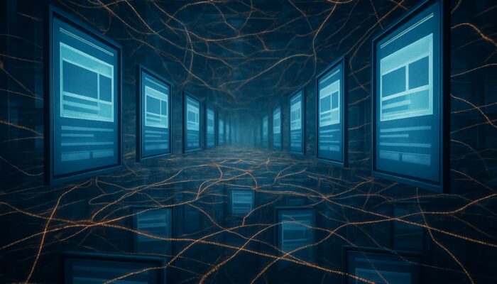 Chaotic digital labyrinth of mirrored web pages and tangled URLs, symbolizing online duplication.