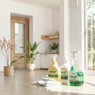 Eco-friendly cleaning solutions being applied to a home
