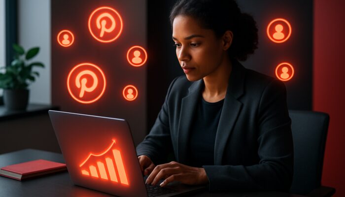 Illustrated strategist reviewing Pinterest analytics on laptop amid floating pins in modern workspace