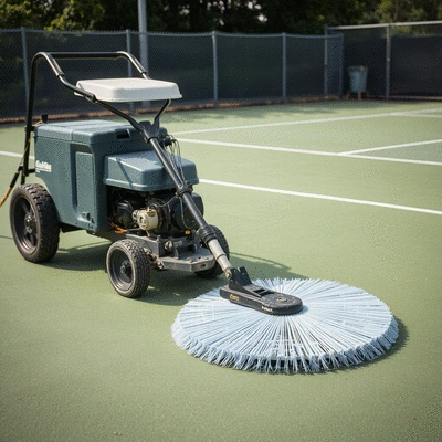 Tennis court maintenance equipment in use