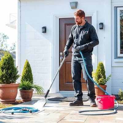 User cleaning house exterior with professional equipment